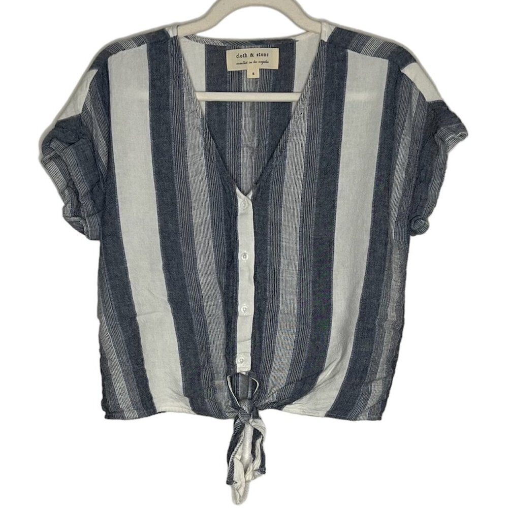 Cloth & Stone Blue and White Stripe Tie Front Blouse, Linen Blend, EUC
